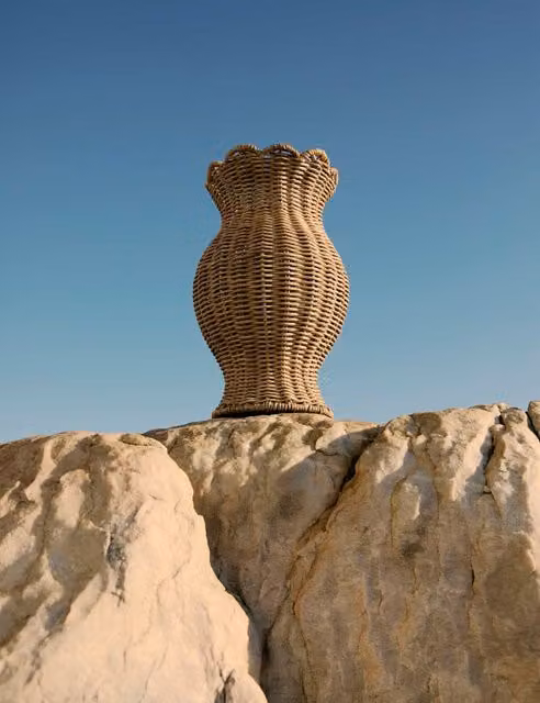 M&S Rattan Wicker Scallop Tabletop Vase in Beige and Sand