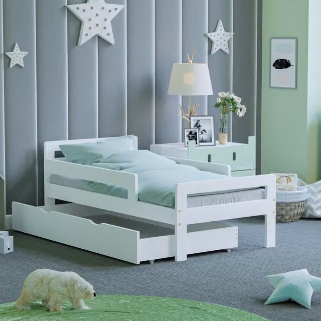 Taurus Modern White Lacquered Toddler Bed with Storage Drawers