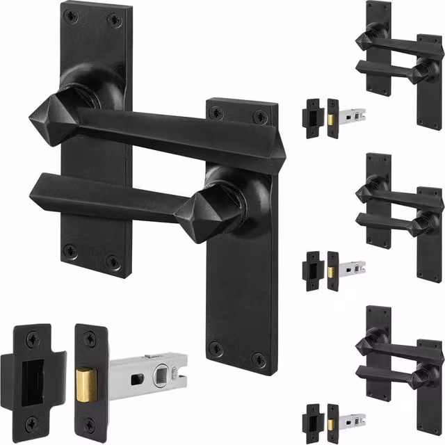 AFIT Black Antique Cast Iron Door Handles with Backplate Latch, 4 Pairs, W/D/H: 15 x 15 x 1.5 cm