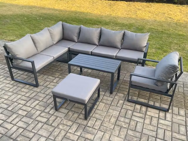 Fimous Powder Coated Aluminium L-Shape Garden Furniture Set in Dark Grey with Corner Sofa, Coffee Table and Ottoman