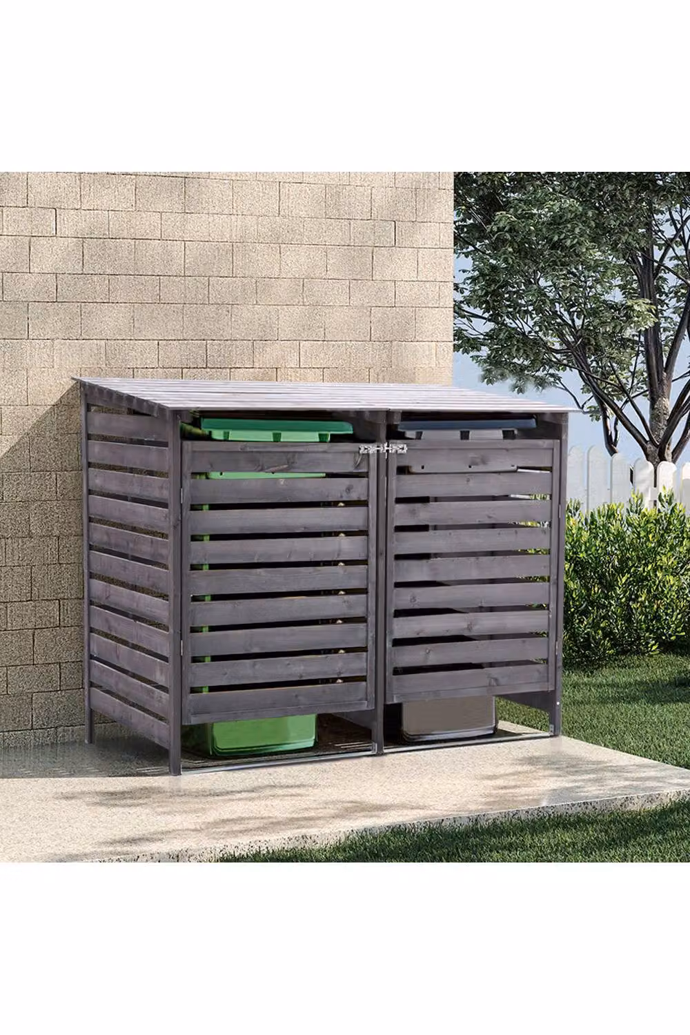 Living and Home Lacquered Spruce Wood Outdoor Garden Storage Shed and Garbage Can in Grey, W/D/H: 149.0 x 122.0 x 149.0 cm – 2