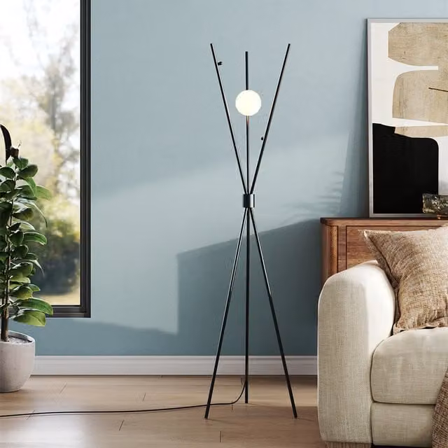 Lifeideas Modern Black Metal Three-Legged Floor Lamp with Sphere Shade