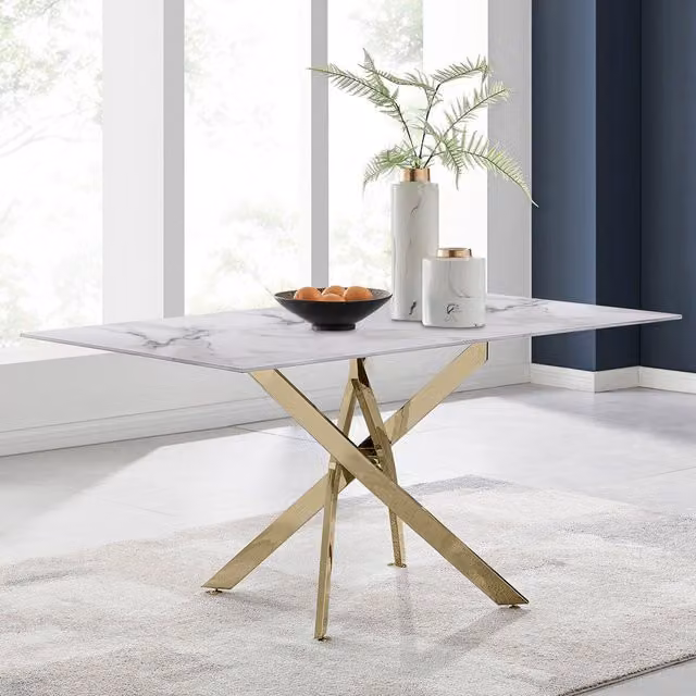 FurnitureboxUK Leonardo 6 Seat Dining Table with White Marble Effect Glass Top and Gold X-Frame Legs