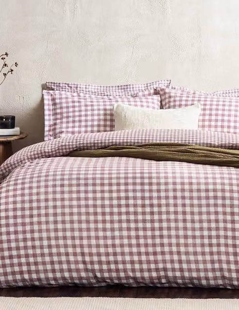 YARD Barton Gingham Washed Cotton Percale Bedding Set, White, W: 140 cm, L: 200 cm