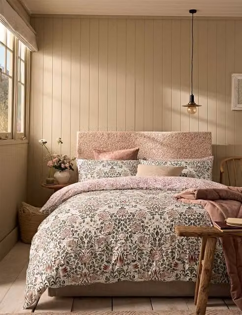 William Morris At Home Rose Brick Reversible Floral Cotton Sateen Bedding Set, Pink Mix, W: 180 cm x L: 200 cm