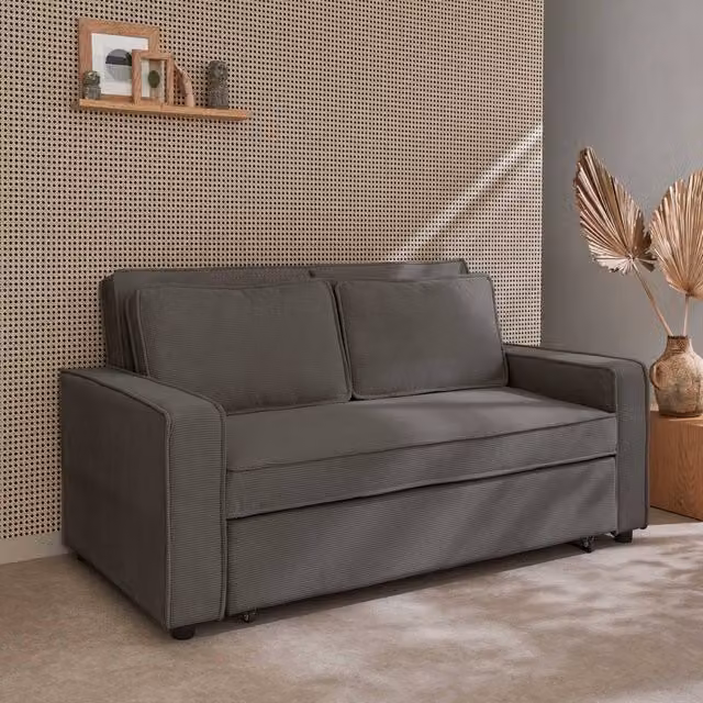 sweeek 2-Seater Corduroy Sofa Bed in Grey with Scatter Cushions and Sleeping Function – 1