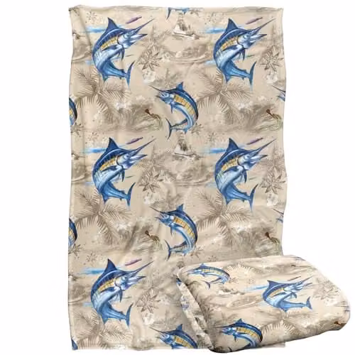 JQ Licensing Marlin Tiki Fishing Pattern Super Soft Polyester Fleece Throw Blanket, Multicolour, W/D/H: 91 x 147 cm – 1