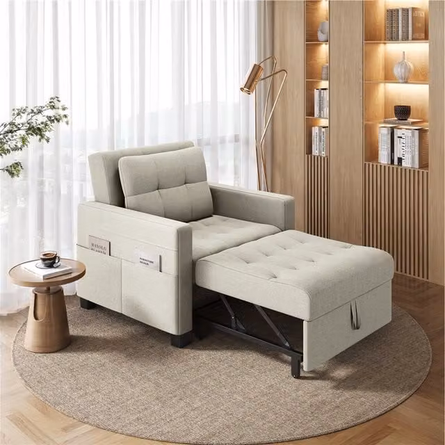 Yaheetech Convertible Sofa Chair Sleeper with Armrests and Ottoman Extension, Beige Fabric and Solid Wood Frame