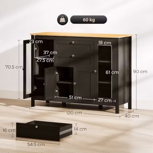 HOMCOM Modern Sideboard Storage Cabinet with 4 Doors and Glass, Black Brown, W/D/H: 120 x 40 x 90 cm – 3