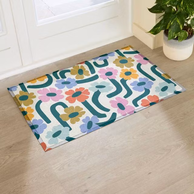 Artsy Mats Elizabeth Olwen Chunky Floral Indoor/Outdoor Doormat in Beige and Multicolour, W: 90 cm, D: 60 cm