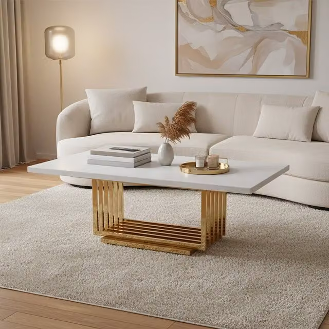 Fifty Five South Moda Rectangular Faux Marble Coffee Table with Gold Finished Metal Frame in White and Gold
