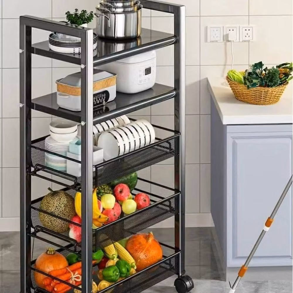 PAWNORA 5 Tier Kitchen Trolley Storage Cart with Wheels and Hooks in Black – 6