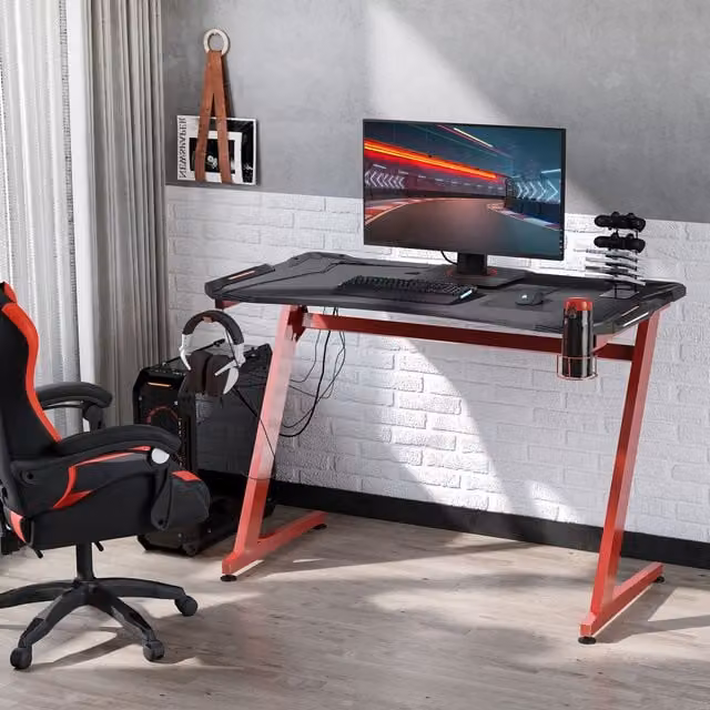 HOMCOM Red Gaming Desk with Grommet and Modern Rectangular Design