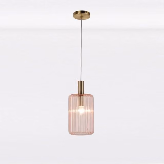 First Choice Lighting Blush Pink and Gold Fluted Glass Cylinder Pendant Light, Height Adjustable, Dimmable