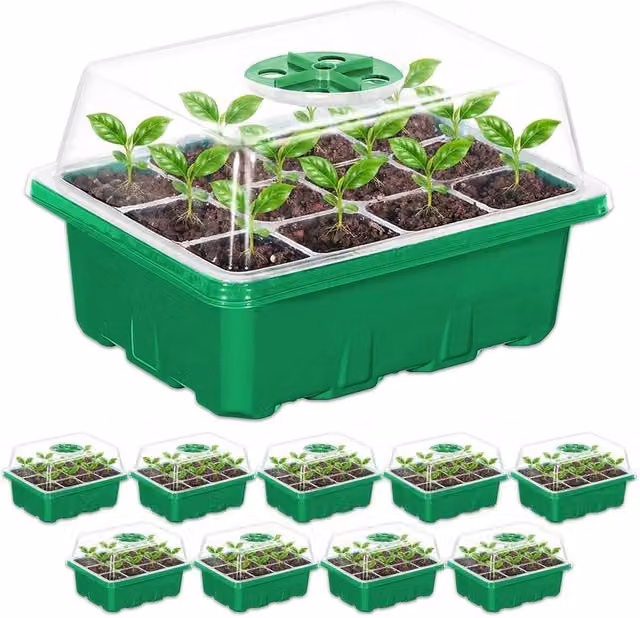 VOGREX Pack of 10 Green Plastic Seed Propagator Trays and Seedling Starter Grow Kit – 1