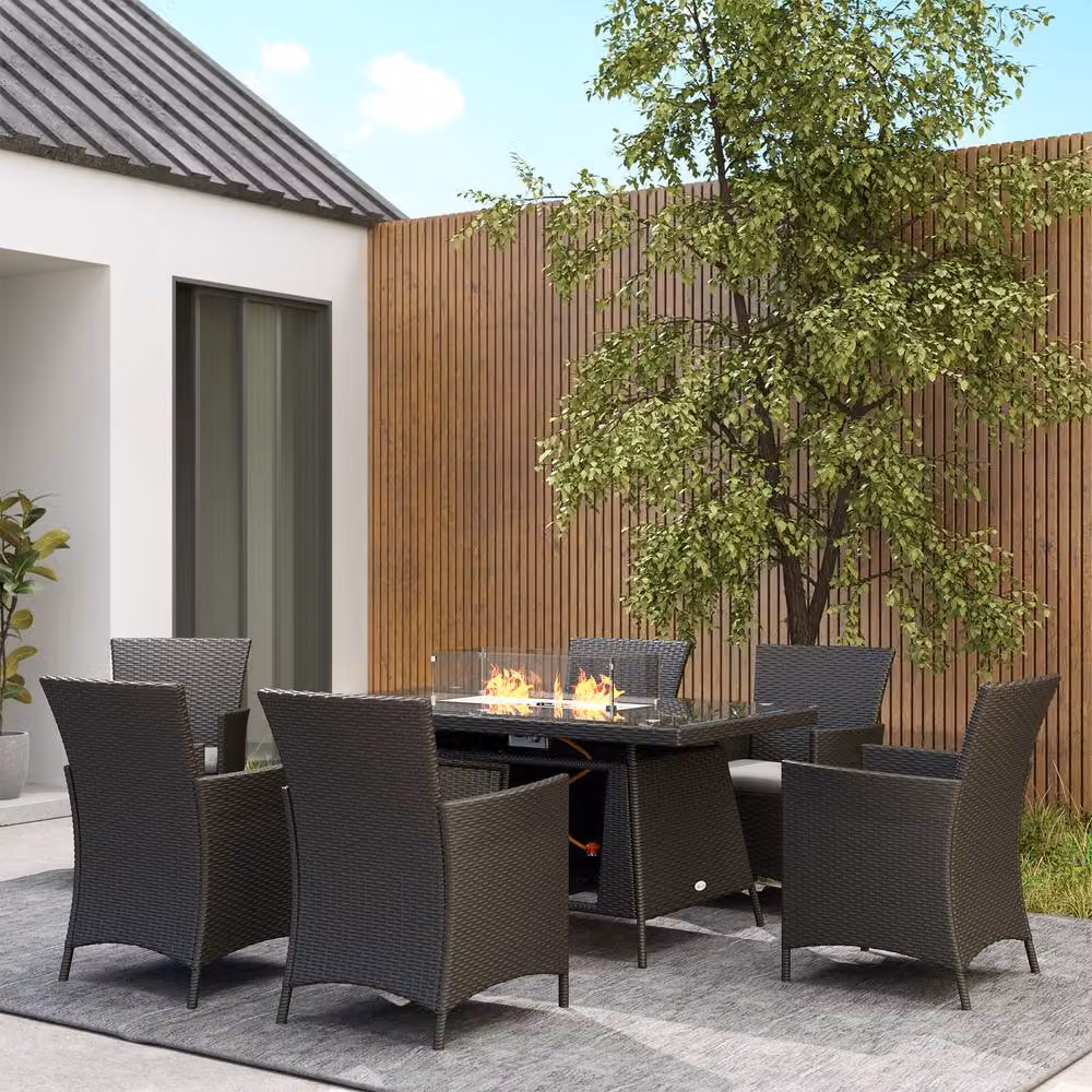 STILVORA Modern Outdoor Dining Set with Black Fire Pit Table and 7 Chairs – 8