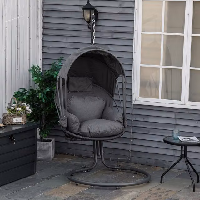 Outsunny Hanging Egg Chair with Stand in Grey Rattan and Metal