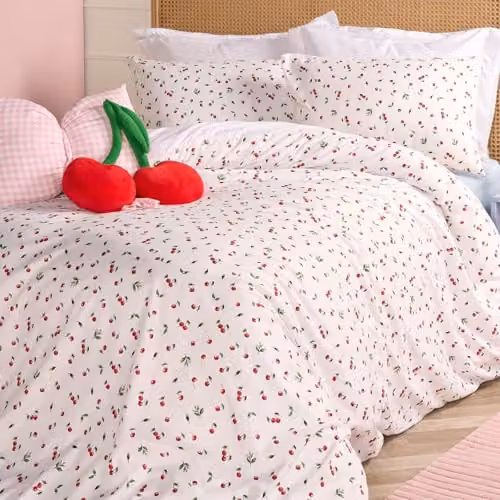OHS Cherry Floral Microfibre Duvet Cover Set with Pillowcases, White and Red, W/D/H: 220 x 230 x 180 cm