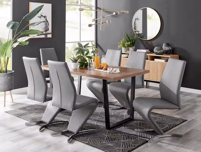 FurnitureboxUK Kylo Brown Wood Effect Rectangular Dining Table and 6 Grey Willow Faux Leather Chairs
