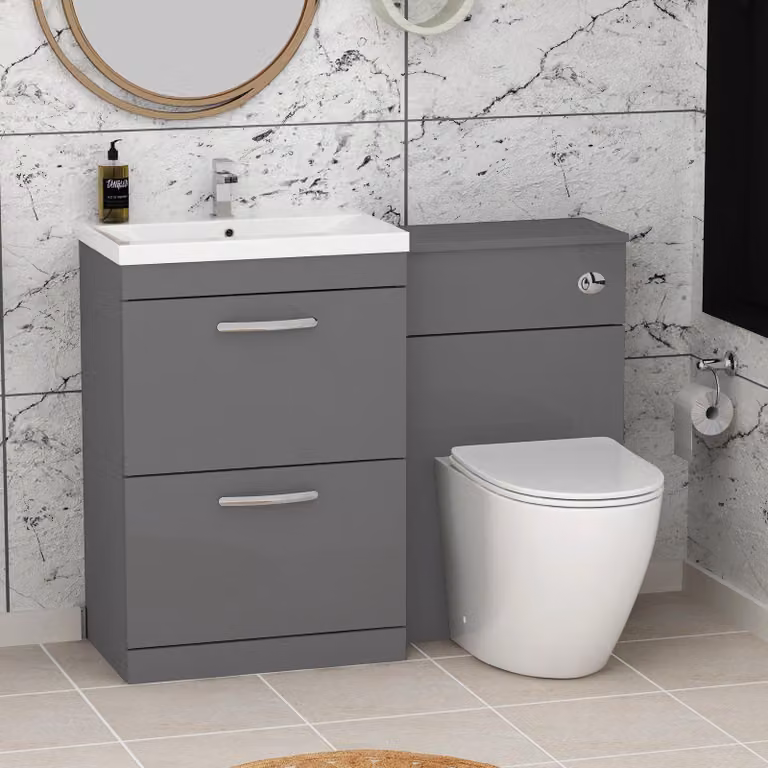 Royal Bathrooms Indigo Grey Gloss 2 Drawer Furniture Pack with Mid Edge Basin and Slim Elva Back to Wall Toilet, Width: 110 cm