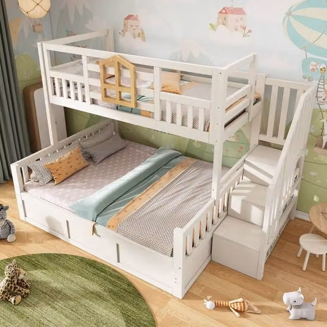 Merax Single Over Double Kids Staircase Bunk Bed with Hydraulic Storage in White and Black