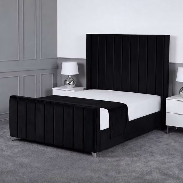 Living Comfort Bedz Imperial Winged Upholstered Velvet Bed with Slatted Base and 48 Inch Headboard, Black, W/D/H: 140 x 200 cm