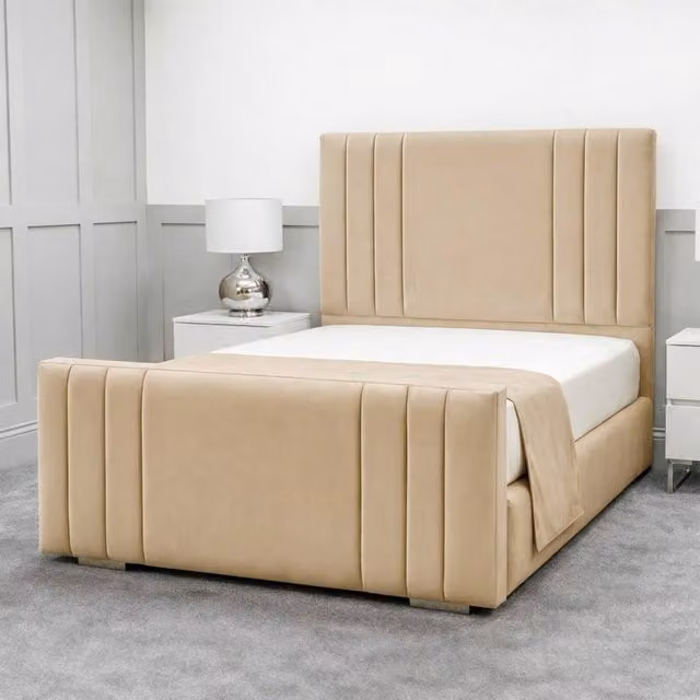 Living Comfort Bedz Canberra Single Plush Velvet Upholstered Bed with Slatted Base in Beige, W/D/H: 90 x 200 cm