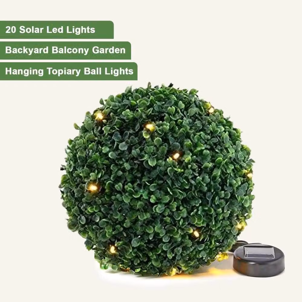 FLAVORA Green Solar Topiary Ball with 20 Warm White LED Flower Lights, Diameter: 28 cm – 4