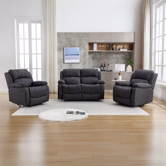 Furniture One Grey Fabric Manual Reclining Sofa Suite with 2 Seater Sofa and 2 Armchairs