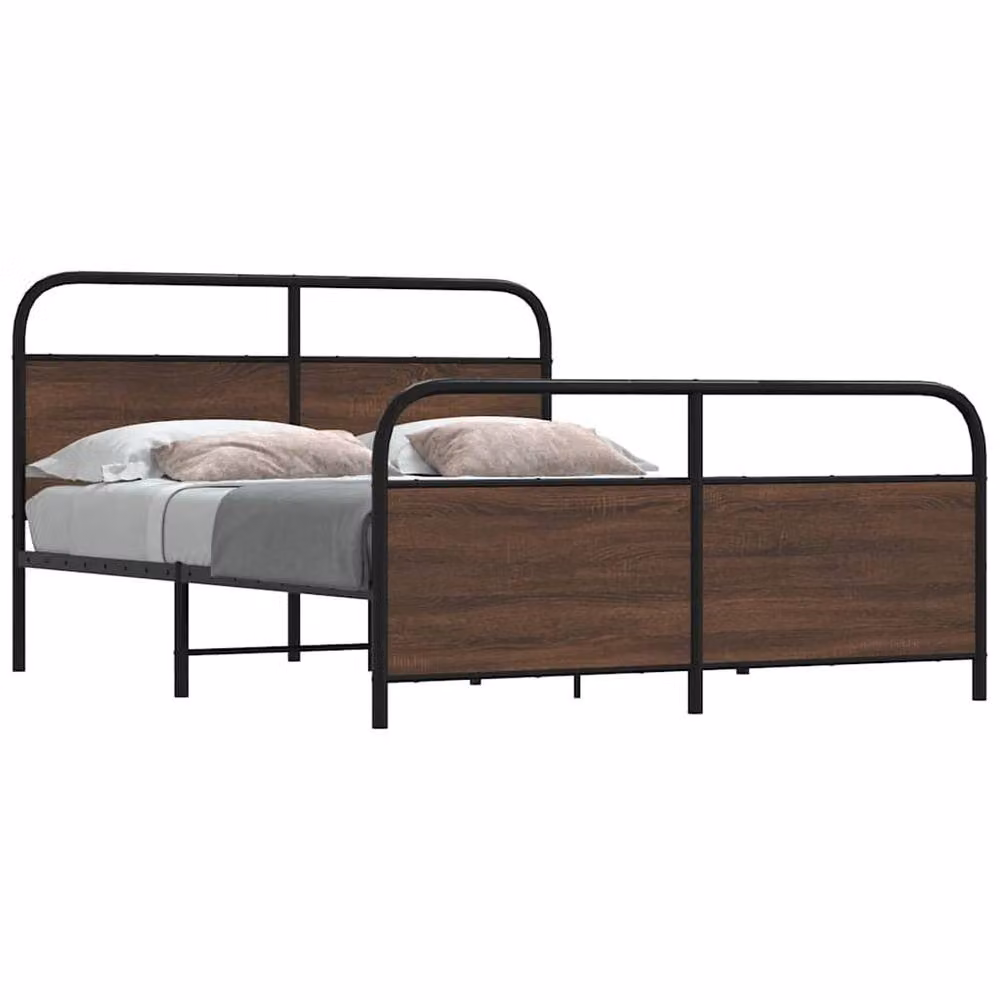 Berkfield Home Metal and Wood Bed Frame in Brown Oak, W: 160 cm, D: 200 cm – 2