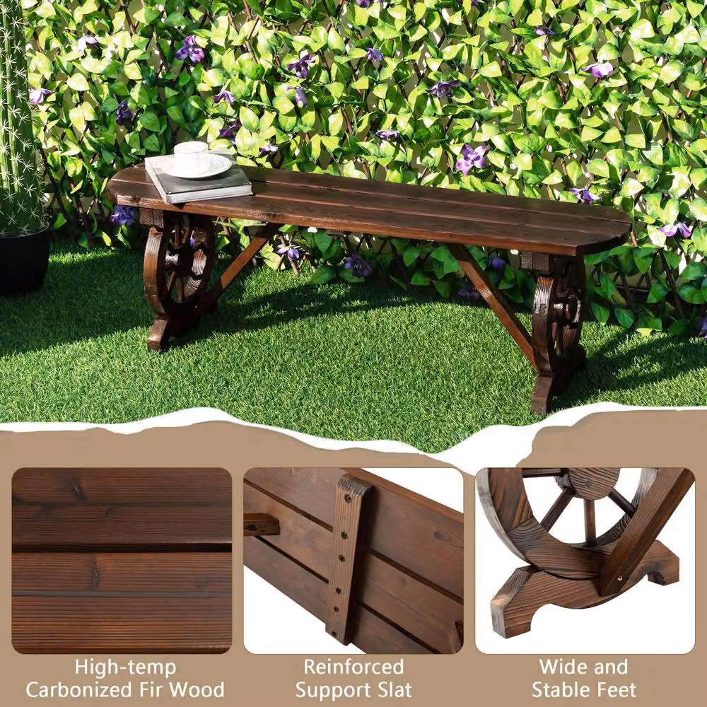 Gymax Rustic Brown Slatted Carbonised Wood 2-Seat Long Bench with Wagon Wheel Base for Garden and Terrace – 3