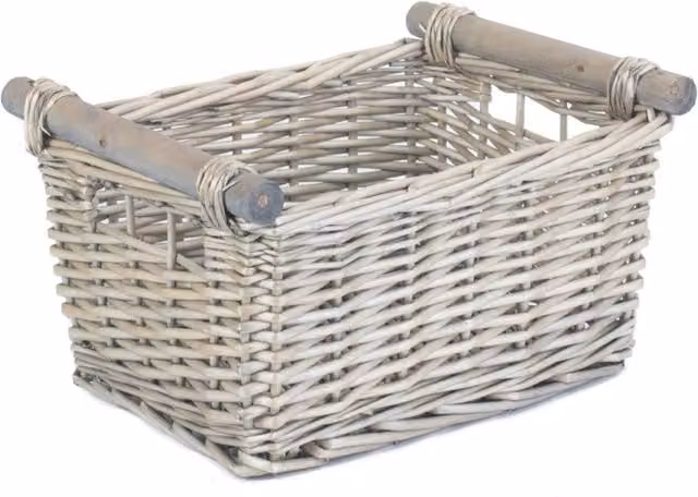 Red Hamper Wicker Storage Basket with Grey Wash Wooden Handles, Diameter: 25 cm