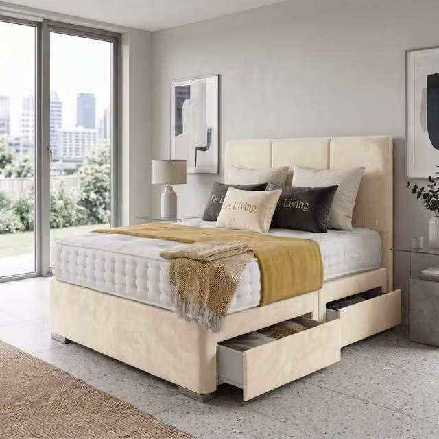 DS Living Whitehall Upholstered Divan Bed Frame with Drawers in Cream Fabric, W/D: 200 x 200 cm