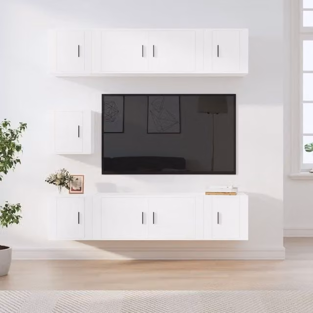 Berkfield Home 7 Piece White Engineered Wood Wall Mounted Classic TV Cabinet Set – 1