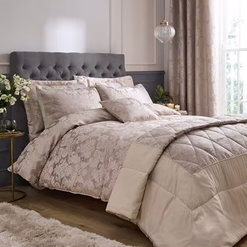 Catherine Lansfield Damask Jacquard Floral Pillow Shams Pair in Gold and Beige – 2