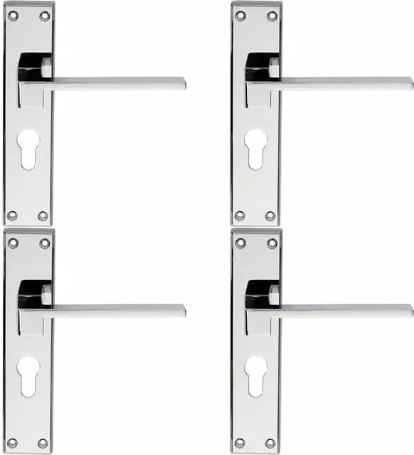 Loops 4 Pairs of Flat Straight Lever Handles on Euro Backplate, Polished Chrome, W: 180 mm, H: 40 mm