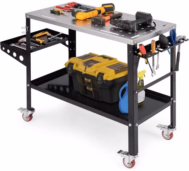 Gymax Metal Welding Table and Workbench with Tool Rack and Tray in Black