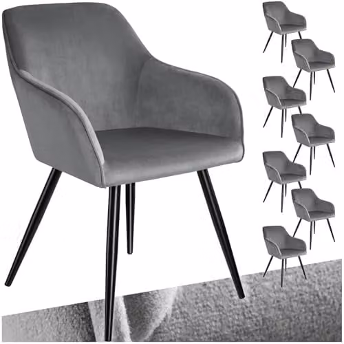 tectake Set of 8 Marilyn Dining Chairs in Grey Velvet Look with Black Metal Legs