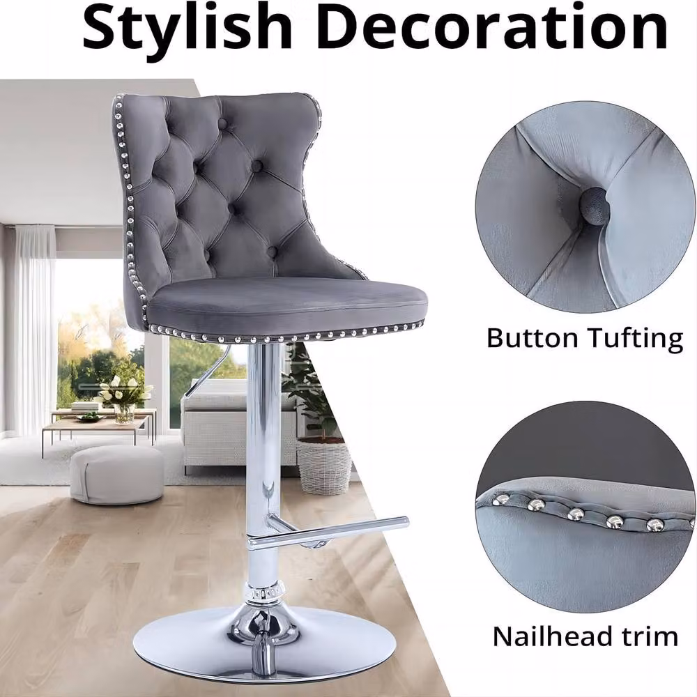 HomeTouch Vero Set of 6 Luxury Grey Velvet Bar Stools with 360 Degree Swivel and Adjustable Height – 4