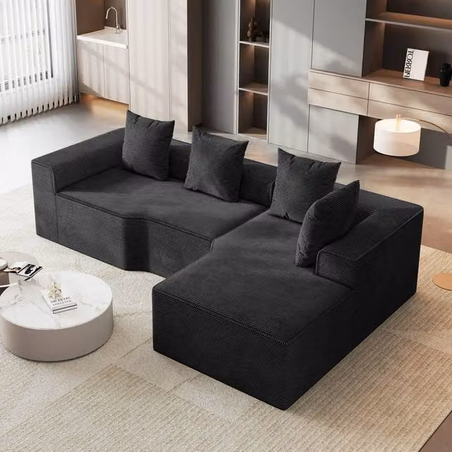 Dprodo Black Corduroy Right L-Shaped Modular Sofa, Width: 320 cm
