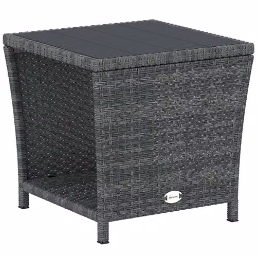 Outsunny 2-Tier Grey PE Rattan Side Table with Storage Shelf