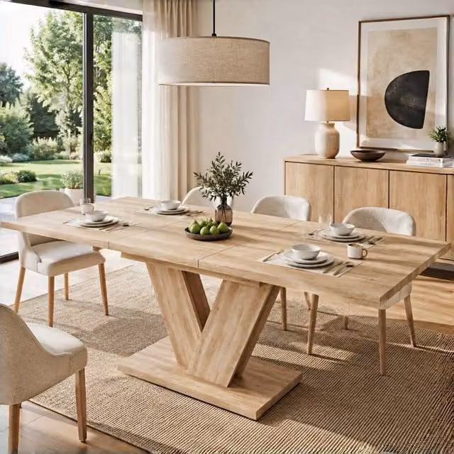 Matteo Extendable Rectangular Dining Table in Light Oak with Modern V-Shaped Legs