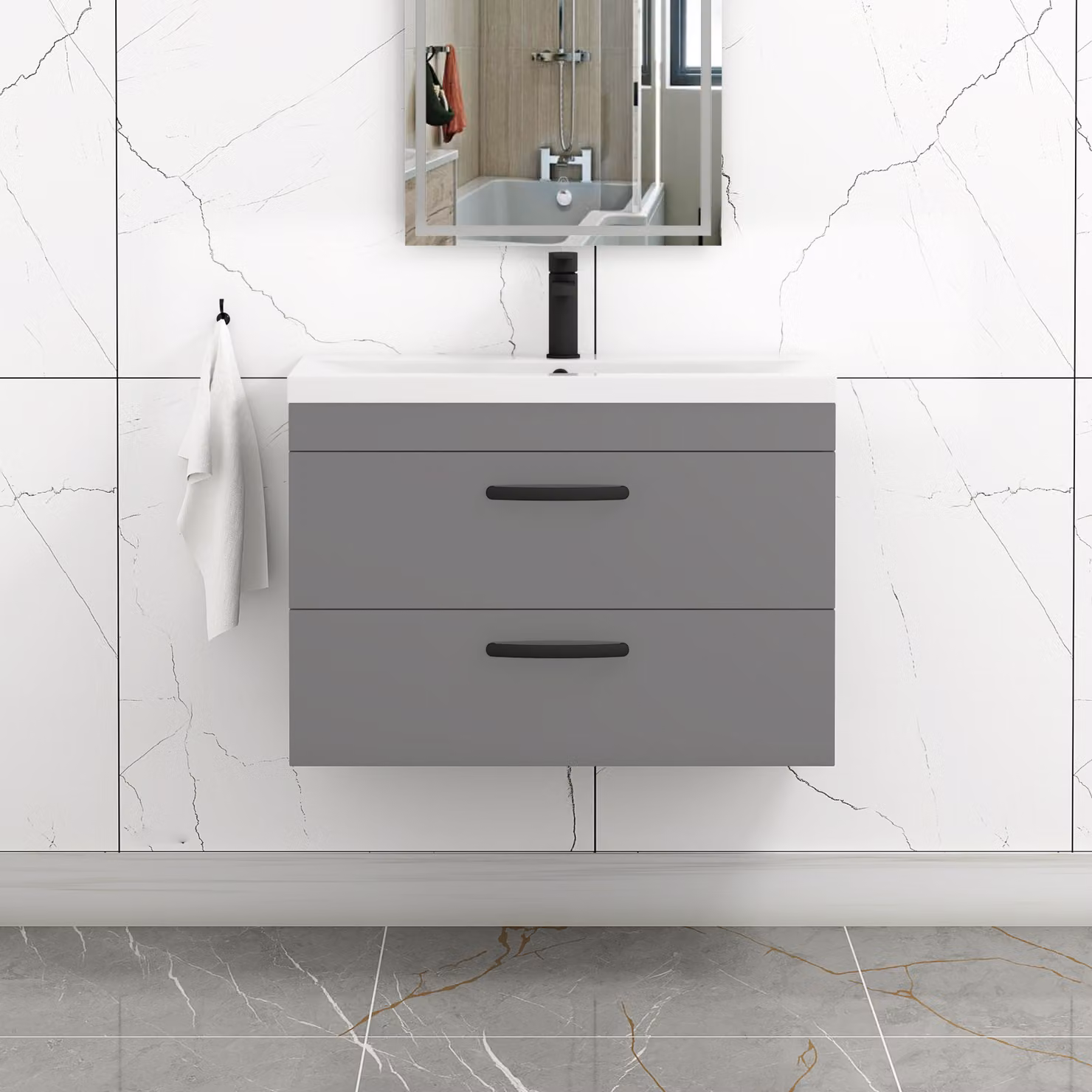 Royal Bathrooms Turin 800mm Wall Hung Vanity Unit in Indigo Grey Gloss with 2 Drawers and Matt Black Handles