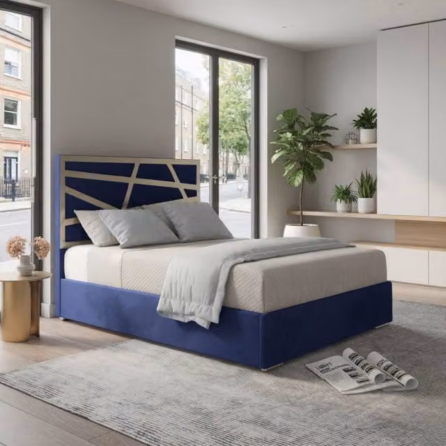 KDMD Frogham Single Upholstered Velvet Bed Frame in Blue with Metal Details
