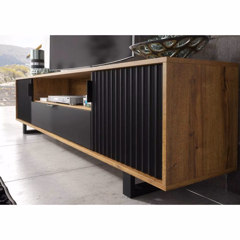 Mex Furniture LTD Blackridge TV Unit in Dark Oak and Black with Fluted Doors and Drawer, W: 200 cm, H: 45 cm, D: 35 cm – 3