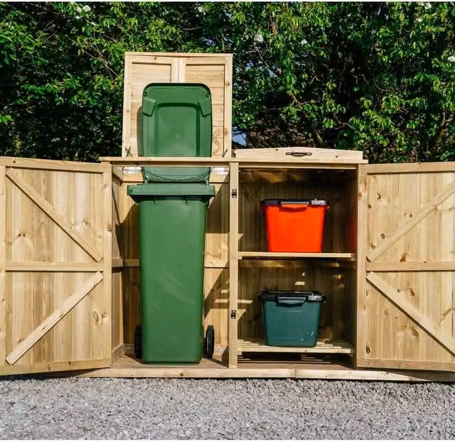 Buttercup Farm Chatburn Bin Store in Brown, Fits 1x 180L/240L Wheelie Bins and 2x Boxes, W: 120 cm, D: 80.4 cm, H: 69 cm