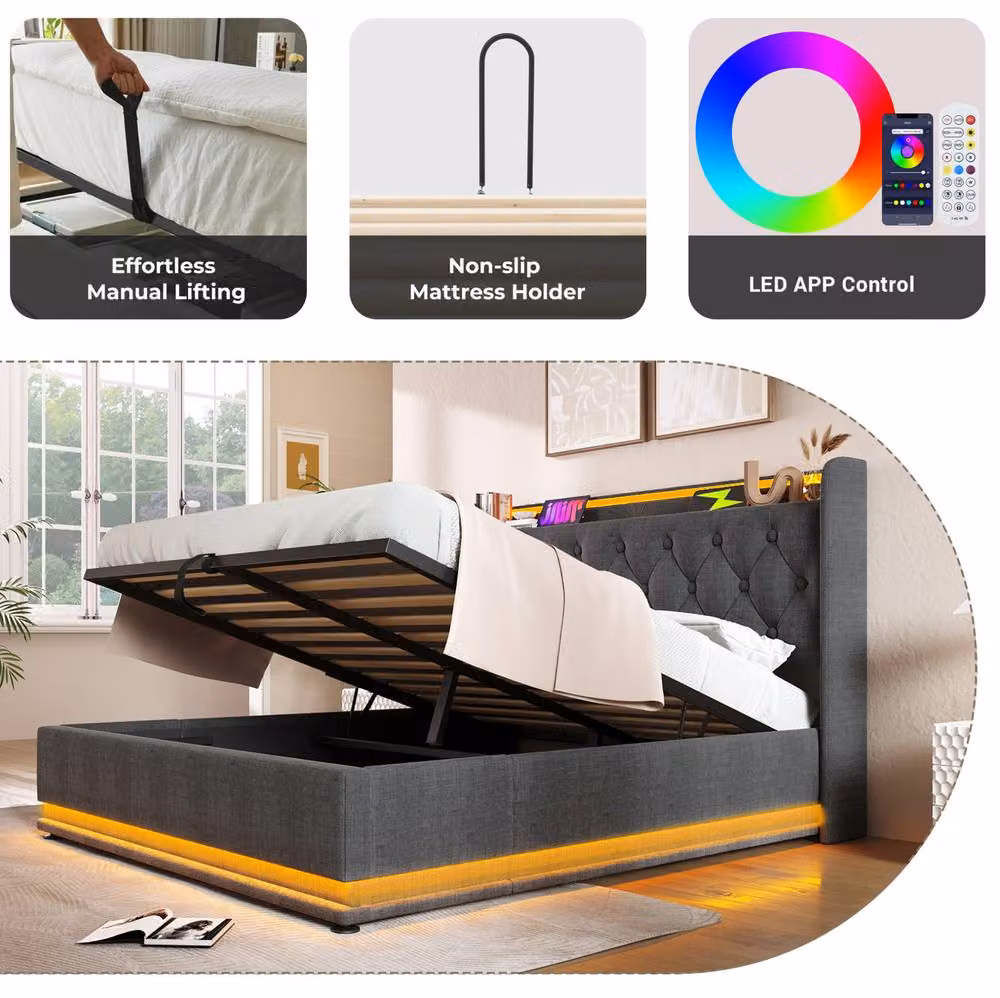 STILVORA King Size Ottoman Bed in Grey with LED Lighting, USB Charging Ports and Under-Bed Storage, W/D/H: 180 x 200 cm – 5