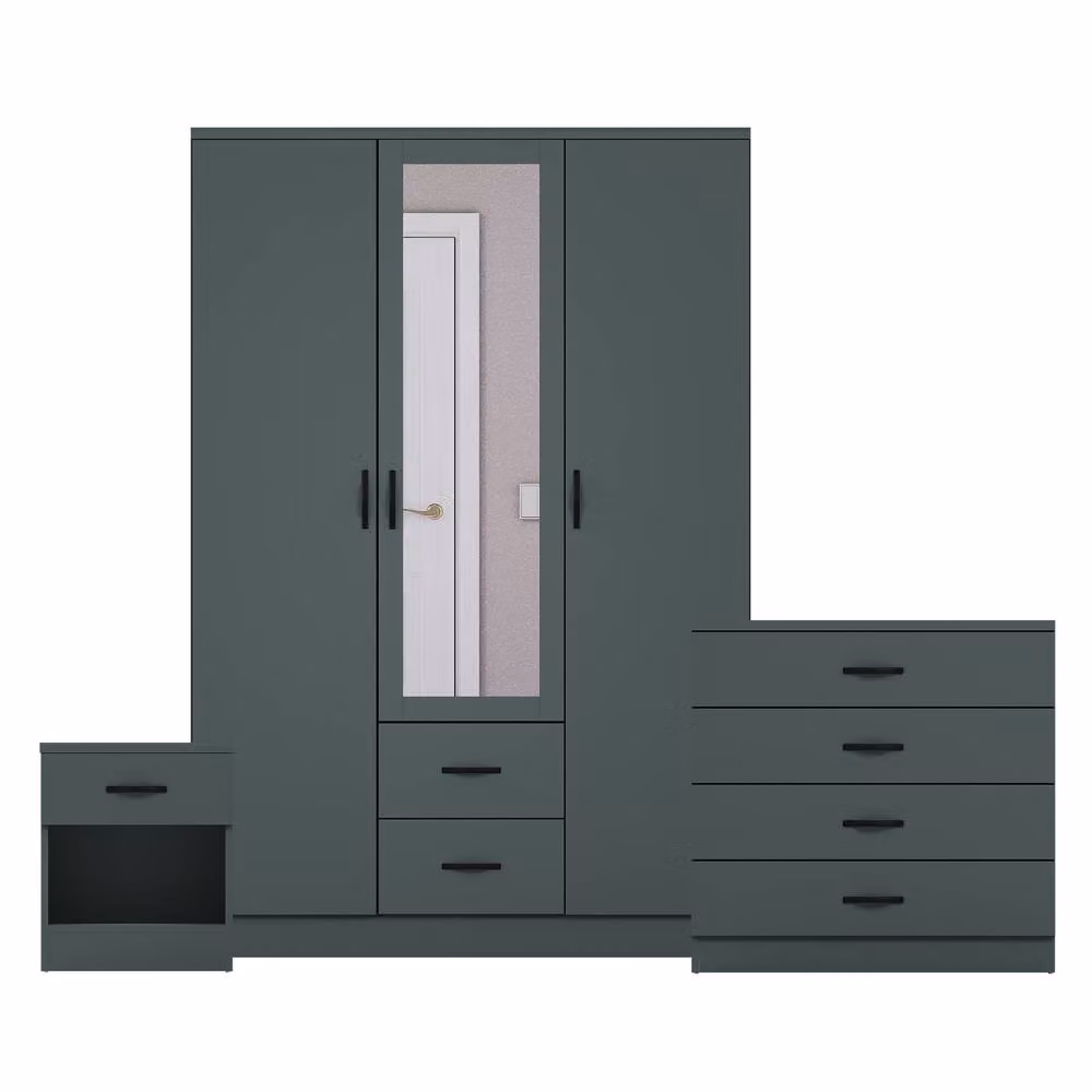 Vida Designs 3 Piece Modern Bedroom Set in Green including Wardrobe with Mirror, 4 Drawer Chest and Bedside Table – 2