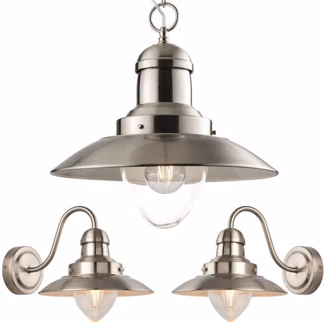Loops Industrial Satin Nickel Hanging Ceiling Pendant Lamp and Matching Wall Lights with Transparent Glass