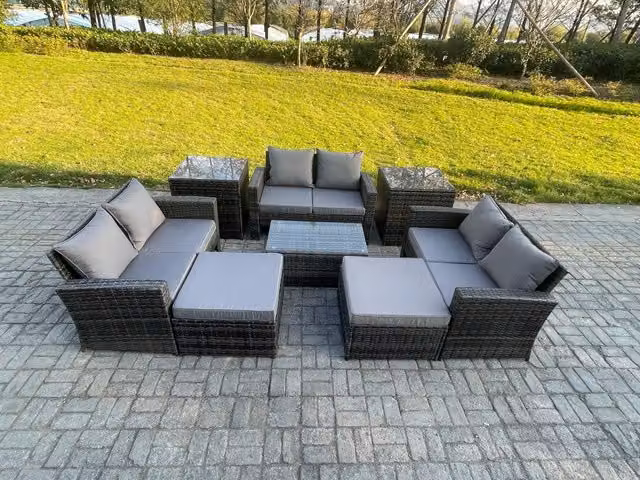 Fimous 8 Piece Rattan Garden Furniture Set with Love Seat, 2 Footstools and 2 Side Tables in Dark Grey Mixed